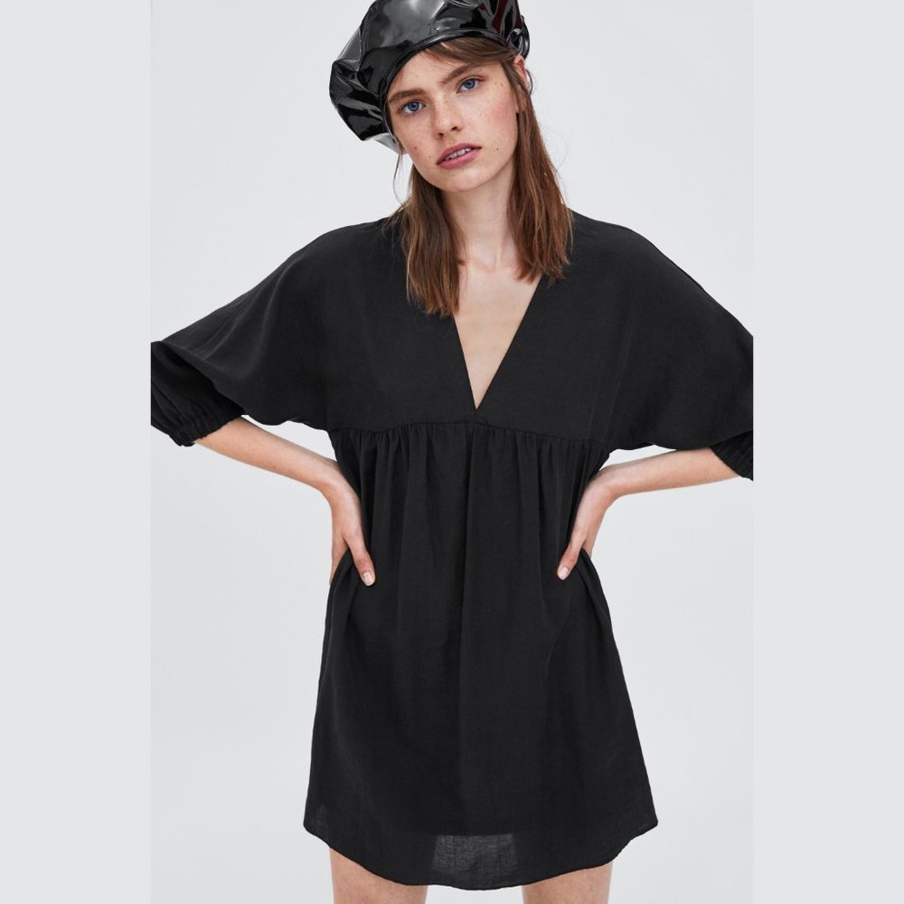 SOLD ZARA Puff Sleeve Babydoll Dress Black M - Picture 2 of 14